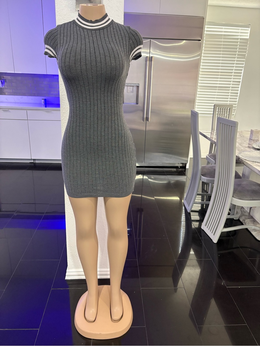 Grey Ribbed Knit Short Sleeve Dress with Contrast Trim